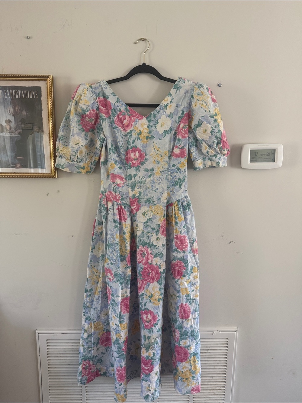 Floral Puff Sleeve Midi Dress in Light Blue and Pink